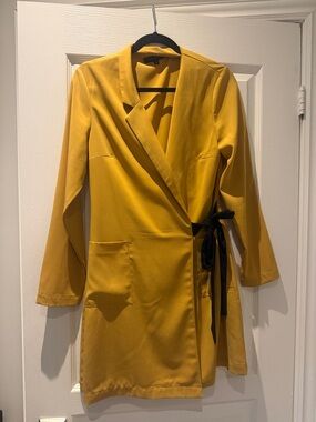 Dynamite Mustard Yellow Wrap Mini Dress with Black Tie